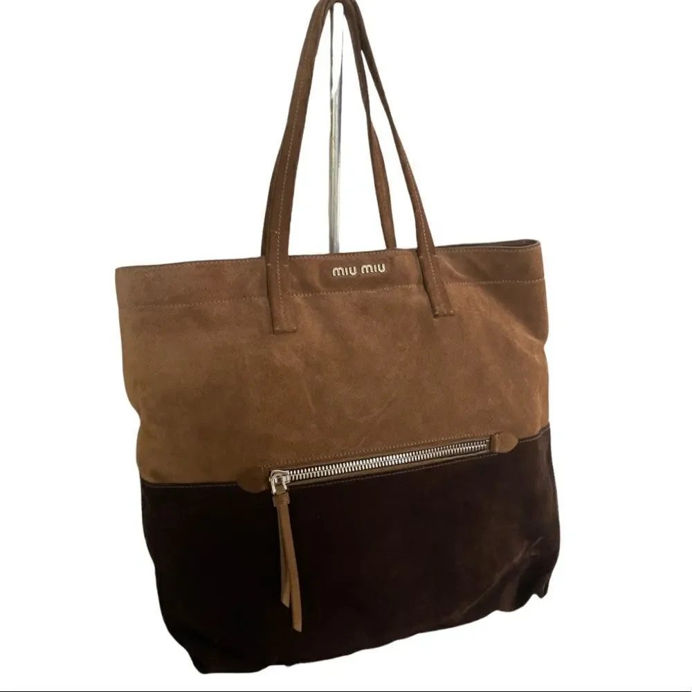Miu Miu Two Tone Suede Shopper Tote Brown Authentic